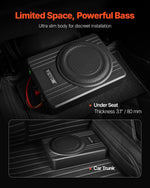 VEVOR 25 cm 300 W zem sēdekļa automašīnas subwooferis ar pastiprinātāju, zema profila aktīvais auto subwooferis ar iebūvētu pastiprinātāju, High/Low Level ieejas un skaļuma regulatoru, piemērots SUV, automašīnām, kravas auto un RV