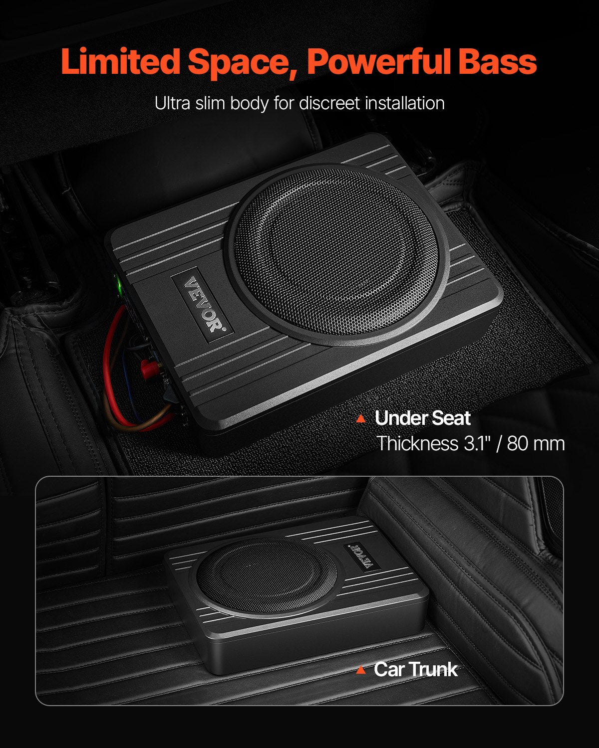 VEVOR 25 cm 300 W zem sēdekļa automašīnas subwooferis ar pastiprinātāju, zema profila aktīvais auto subwooferis ar iebūvētu pastiprinātāju, High/Low Level ieejas un skaļuma regulatoru, piemērots SUV, automašīnām, kravas auto un RV