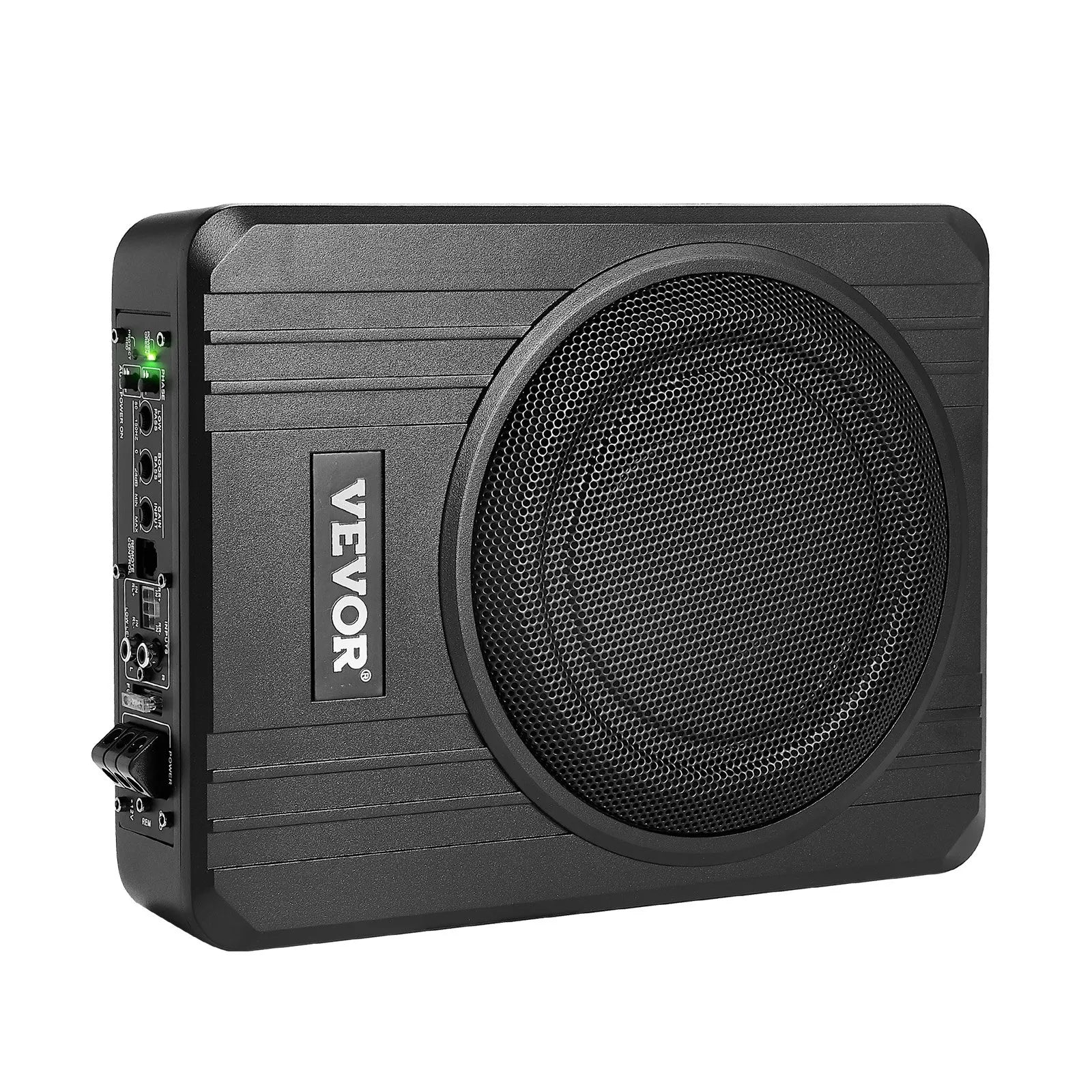 VEVOR 20 cm 400 W zem sēdekļa automašīnas subwooferis ar pastiprinātāju, zema profila aktīvais auto subwooferis ar iebūvētu pastiprinātāju, High/Low Level ieejas un skaļuma regulatoru, piemērots SUV, automašīnām, kravas auto un RV
