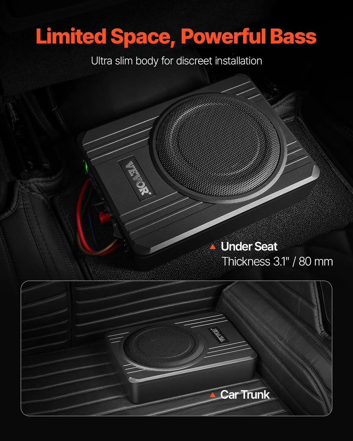 VEVOR 20 cm 400 W zem sēdekļa automašīnas subwooferis ar pastiprinātāju, zema profila aktīvais auto subwooferis ar iebūvētu pastiprinātāju, High/Low Level ieejas un skaļuma regulatoru, piemērots SUV, automašīnām, kravas auto un RV