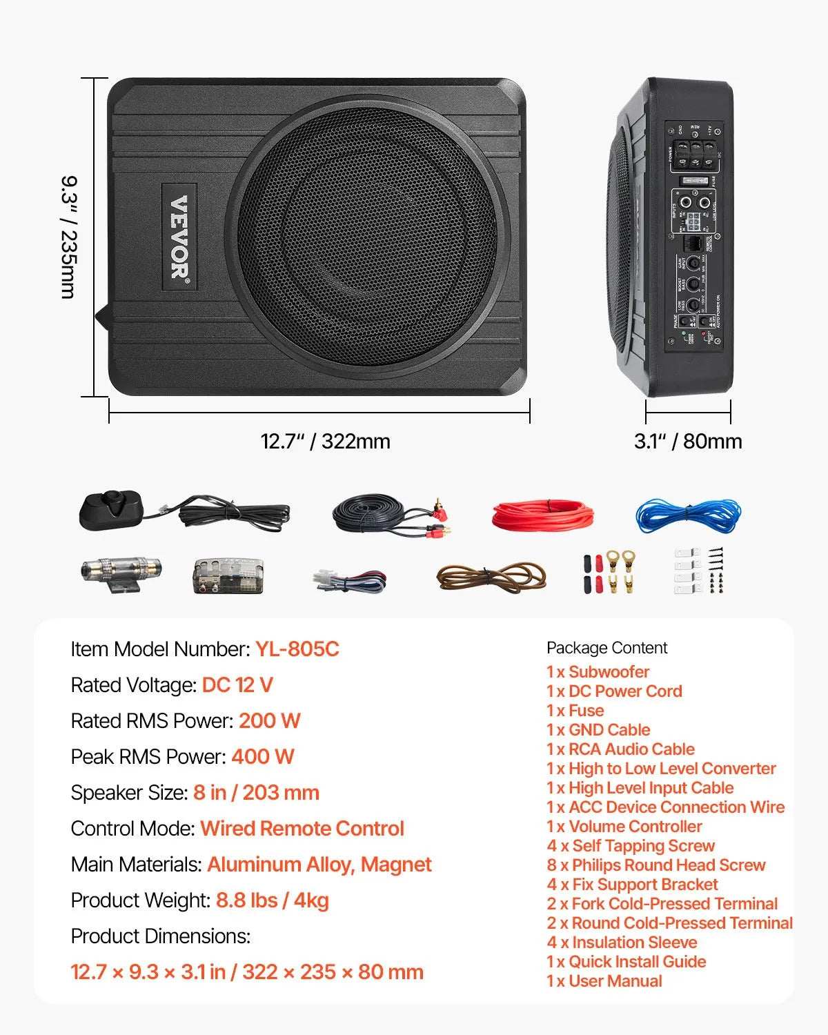 VEVOR 20 cm 400 W zem sēdekļa automašīnas subwooferis ar pastiprinātāju, zema profila aktīvais auto subwooferis ar iebūvētu pastiprinātāju, High/Low Level ieejas un skaļuma regulatoru, piemērots SUV, automašīnām, kravas auto un RV