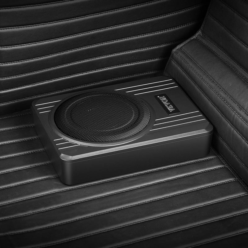 VEVOR 20 cm 400 W zem sēdekļa automašīnas subwooferis ar pastiprinātāju, zema profila aktīvais auto subwooferis ar iebūvētu pastiprinātāju, High/Low Level ieejas un skaļuma regulatoru, piemērots SUV, automašīnām, kravas auto un RV