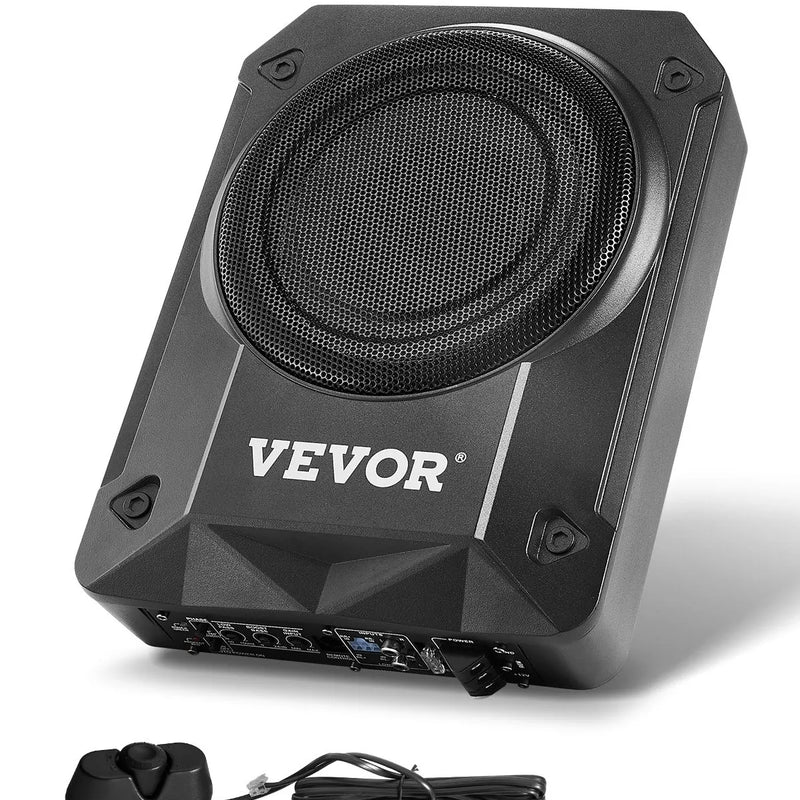 VEVOR 200 mm 800 W zem sēdekļa auto subwooferis ar iebūvētu pastiprinātāju, zema profila aktīvais zemfrekvenču skaļrunis ar augstā un zemā līmeņa ieejām un skaļuma regulatoru, piemērots SUV, automašīnām, kravas auto un kemperiem