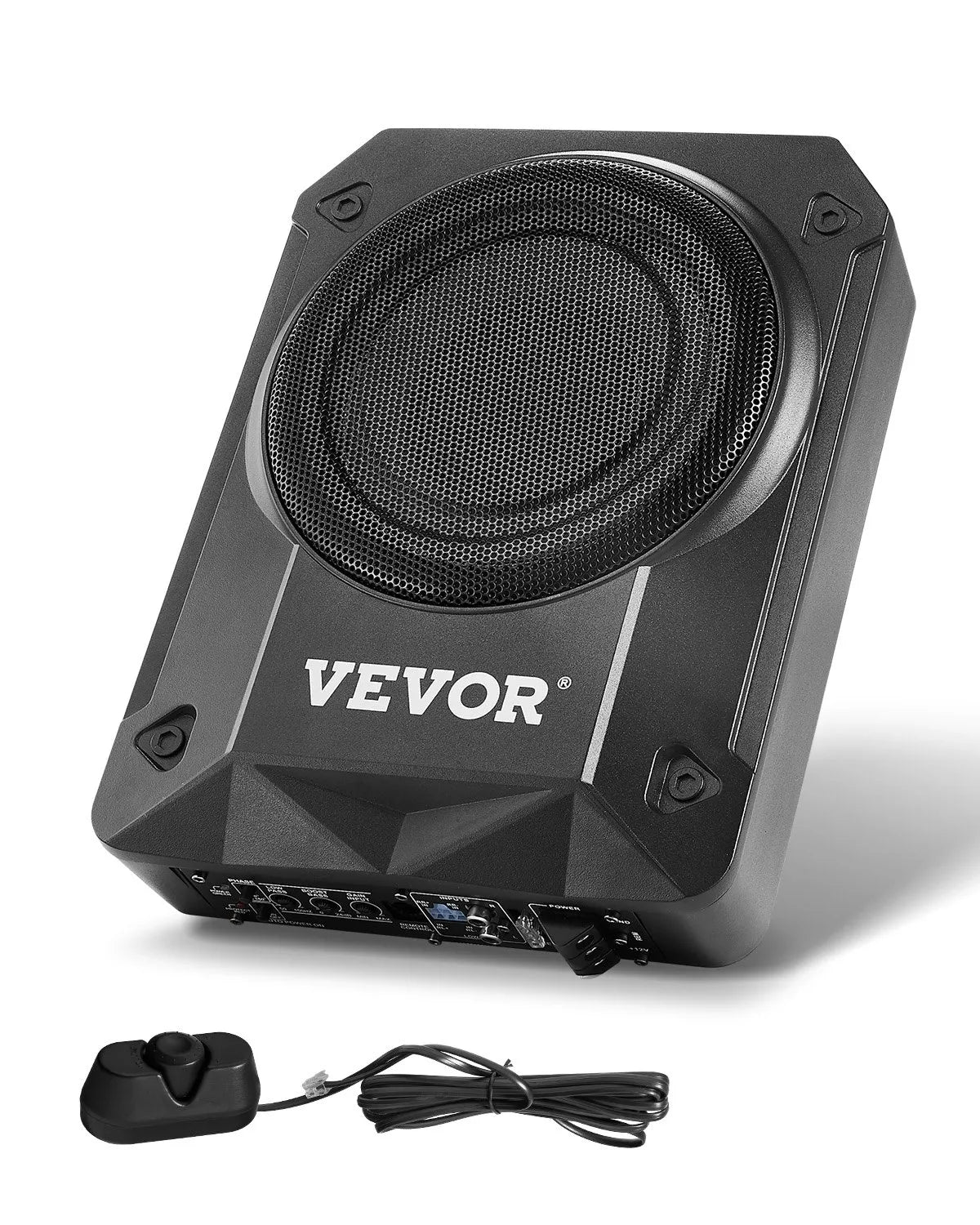 VEVOR 200 mm 800 W zem sēdekļa auto subwooferis ar iebūvētu pastiprinātāju, zema profila aktīvais zemfrekvenču skaļrunis ar augstā un zemā līmeņa ieejām un skaļuma regulatoru, piemērots SUV, automašīnām, kravas auto un kemperiem