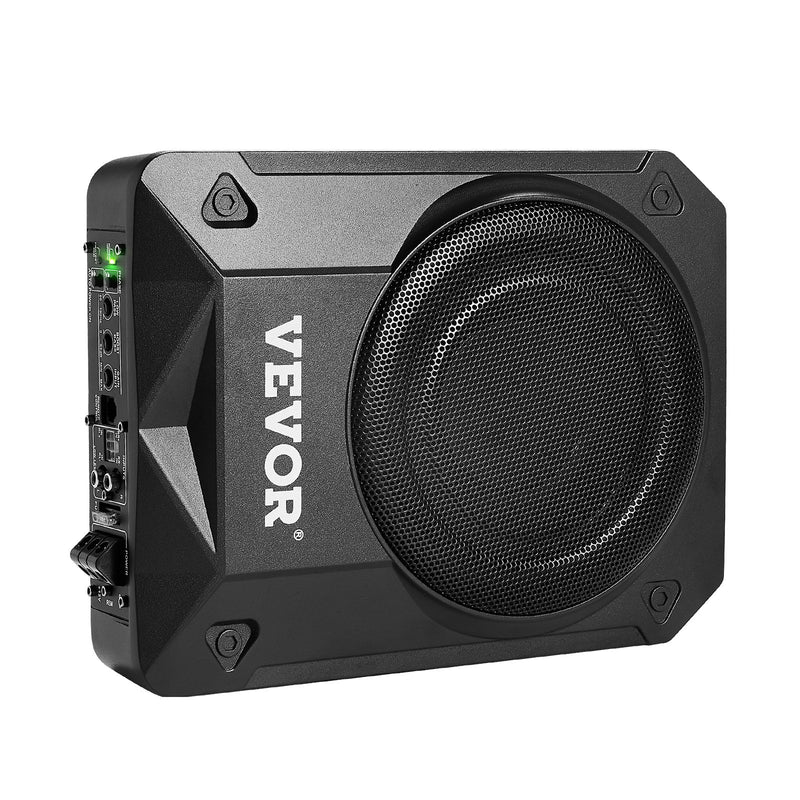 VEVOR 200 mm 800 W zem sēdekļa auto subwooferis ar iebūvētu pastiprinātāju, zema profila aktīvais zemfrekvenču skaļrunis ar augstā un zemā līmeņa ieejām un skaļuma regulatoru, piemērots SUV, automašīnām, kravas auto un kemperiem