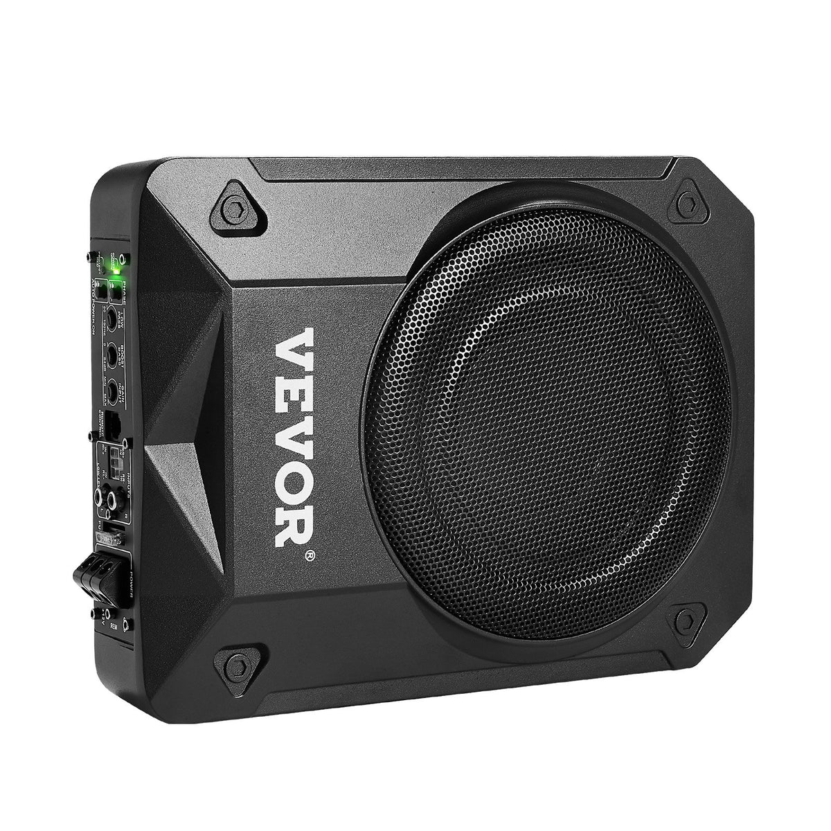 VEVOR 200 mm 800 W zem sēdekļa auto subwooferis ar iebūvētu pastiprinātāju, zema profila aktīvais zemfrekvenču skaļrunis ar augstā un zemā līmeņa ieejām un skaļuma regulatoru, piemērots SUV, automašīnām, kravas auto un kemperiem
