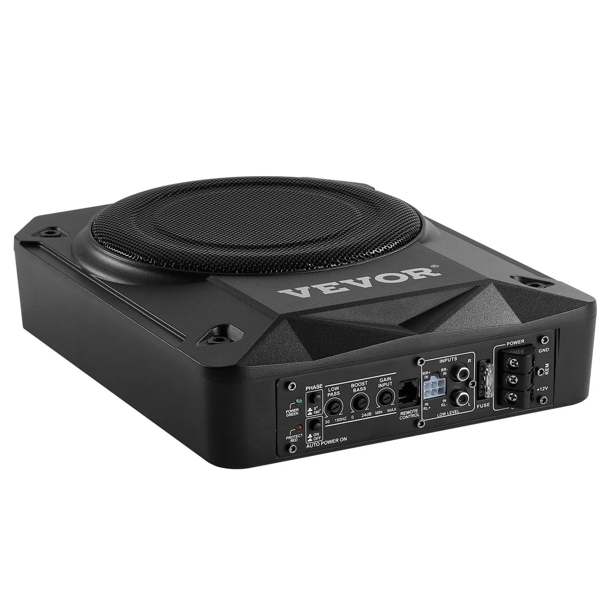 VEVOR 200 mm 800 W zem sēdekļa auto subwooferis ar iebūvētu pastiprinātāju, zema profila aktīvais zemfrekvenču skaļrunis ar augstā un zemā līmeņa ieejām un skaļuma regulatoru, piemērots SUV, automašīnām, kravas auto un kemperiem