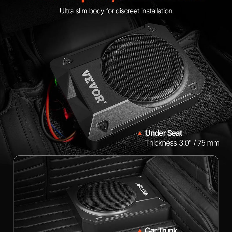 VEVOR 200 mm 800 W zem sēdekļa auto subwooferis ar iebūvētu pastiprinātāju, zema profila aktīvais zemfrekvenču skaļrunis ar augstā un zemā līmeņa ieejām un skaļuma regulatoru, piemērots SUV, automašīnām, kravas auto un kemperiem