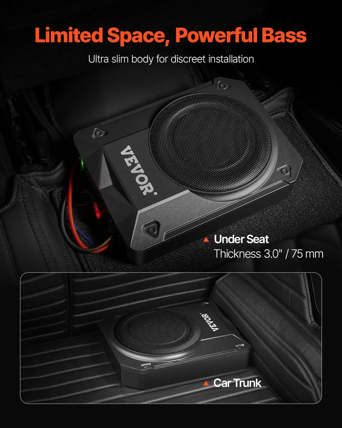 VEVOR 200 mm 800 W zem sēdekļa auto subwooferis ar iebūvētu pastiprinātāju, zema profila aktīvais zemfrekvenču skaļrunis ar augstā un zemā līmeņa ieejām un skaļuma regulatoru, piemērots SUV, automašīnām, kravas auto un kemperiem