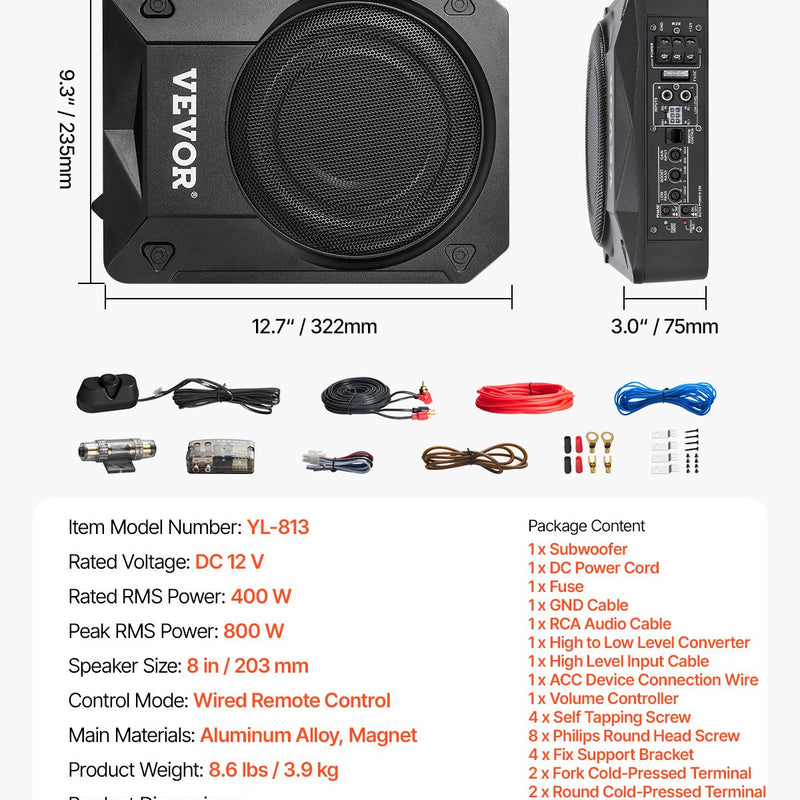 VEVOR 200 mm 800 W zem sēdekļa auto subwooferis ar iebūvētu pastiprinātāju, zema profila aktīvais zemfrekvenču skaļrunis ar augstā un zemā līmeņa ieejām un skaļuma regulatoru, piemērots SUV, automašīnām, kravas auto un kemperiem
