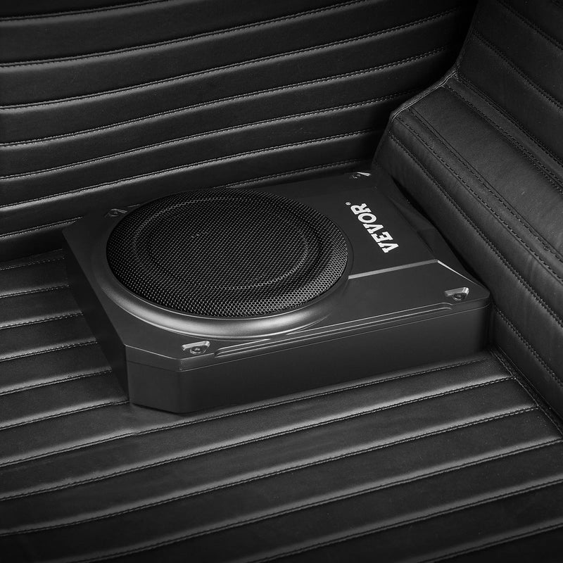 VEVOR 200 mm 800 W zem sēdekļa auto subwooferis ar iebūvētu pastiprinātāju, zema profila aktīvais zemfrekvenču skaļrunis ar augstā un zemā līmeņa ieejām un skaļuma regulatoru, piemērots SUV, automašīnām, kravas auto un kemperiem
