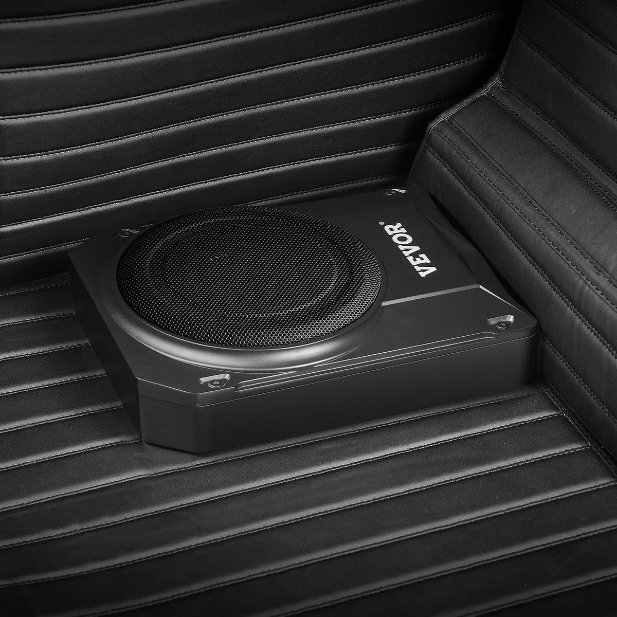 VEVOR 200 mm 800 W zem sēdekļa auto subwooferis ar iebūvētu pastiprinātāju, zema profila aktīvais zemfrekvenču skaļrunis ar augstā un zemā līmeņa ieejām un skaļuma regulatoru, piemērots SUV, automašīnām, kravas auto un kemperiem