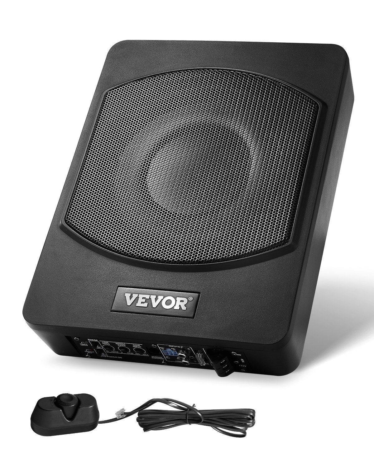 VEVOR 25 cm 240 W zem sēdekļa automašīnas subwooferis ar iebūvētu pastiprinātāju, zema profila aktīvais auto subwooferis ar High/Low Level ieejām un skaļuma regulatoru, piemērots SUV, automašīnām, kravas auto un RV