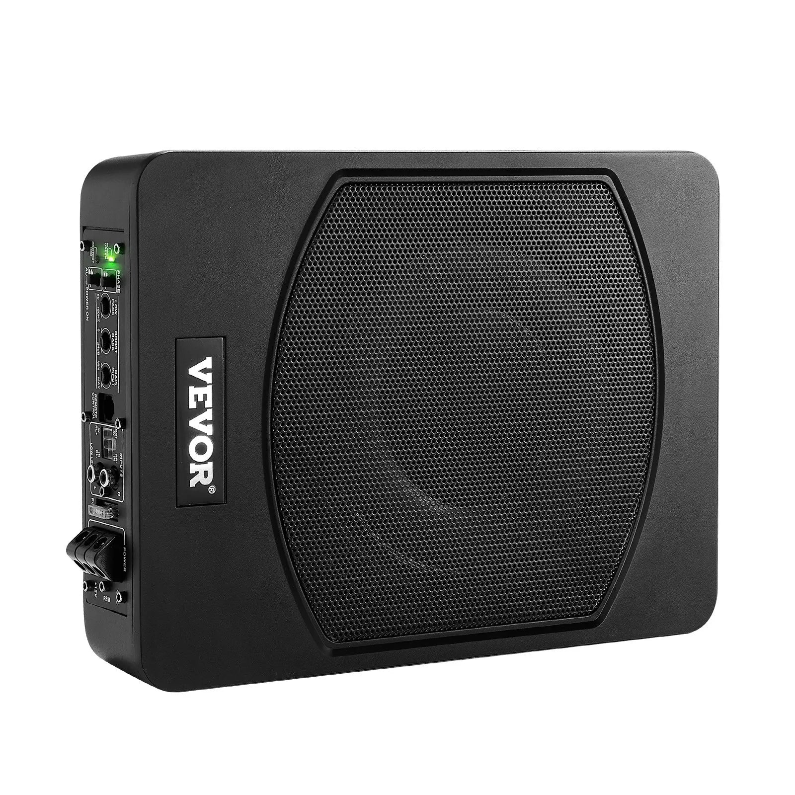 VEVOR 25 cm 240 W zem sēdekļa automašīnas subwooferis ar iebūvētu pastiprinātāju, zema profila aktīvais auto subwooferis ar High/Low Level ieejām un skaļuma regulatoru, piemērots SUV, automašīnām, kravas auto un RV