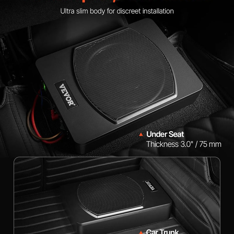 VEVOR 25 cm 240 W zem sēdekļa automašīnas subwooferis ar iebūvētu pastiprinātāju, zema profila aktīvais auto subwooferis ar High/Low Level ieejām un skaļuma regulatoru, piemērots SUV, automašīnām, kravas auto un RV