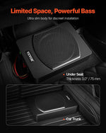 VEVOR 25 cm 240 W zem sēdekļa automašīnas subwooferis ar iebūvētu pastiprinātāju, zema profila aktīvais auto subwooferis ar High/Low Level ieejām un skaļuma regulatoru, piemērots SUV, automašīnām, kravas auto un RV