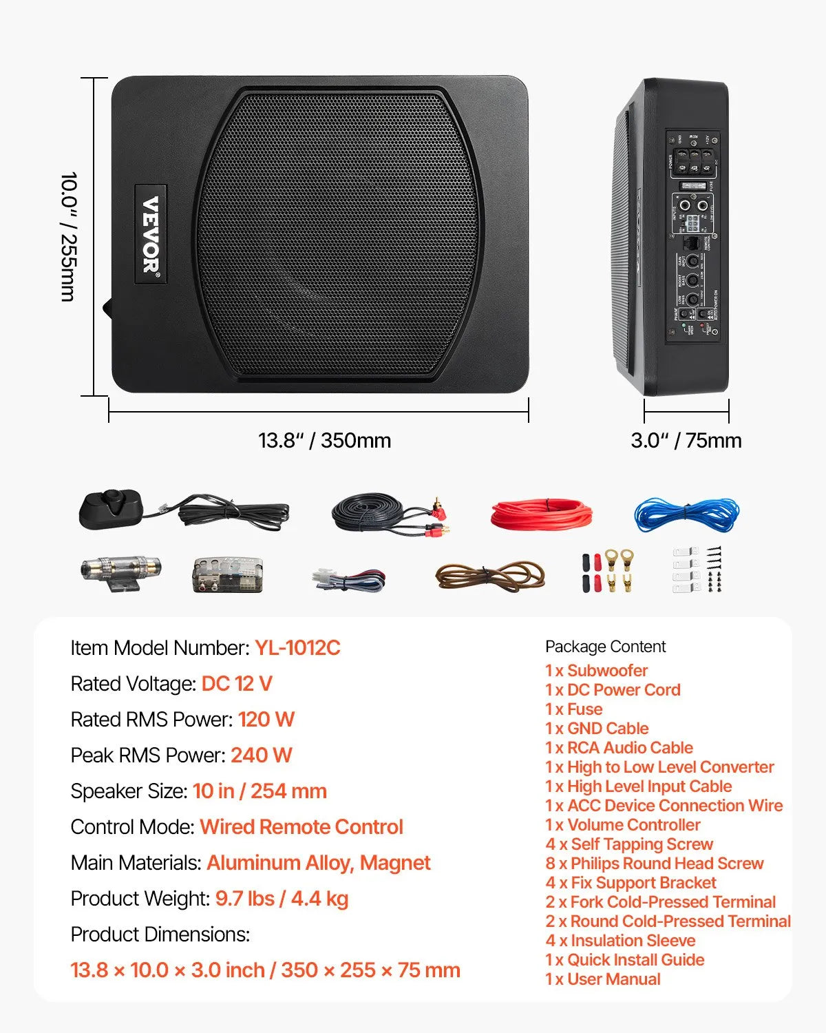 VEVOR 25 cm 240 W zem sēdekļa automašīnas subwooferis ar iebūvētu pastiprinātāju, zema profila aktīvais auto subwooferis ar High/Low Level ieejām un skaļuma regulatoru, piemērots SUV, automašīnām, kravas auto un RV