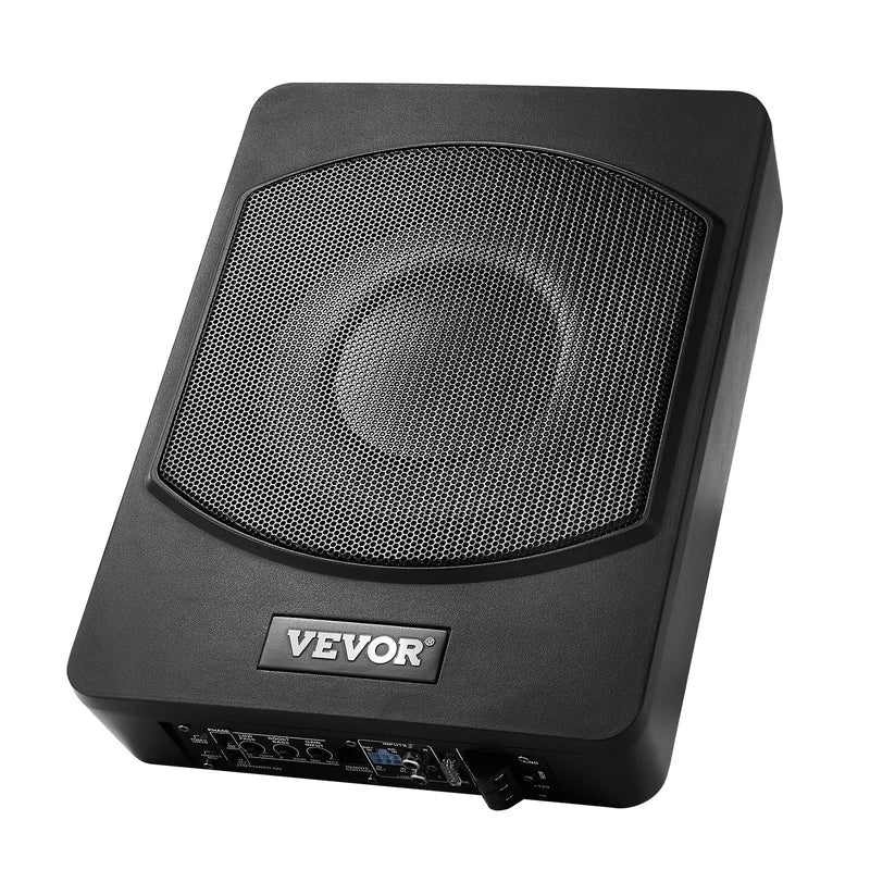 VEVOR 25 cm 240 W zem sēdekļa automašīnas subwooferis ar iebūvētu pastiprinātāju, zema profila aktīvais auto subwooferis ar High/Low Level ieejām un skaļuma regulatoru, piemērots SUV, automašīnām, kravas auto un RV