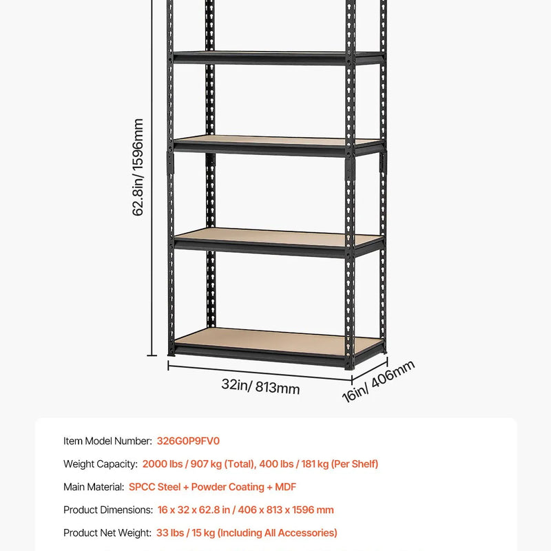 Uzglabāšanas plaukti 5 līmeņi, 40,6 cm dziļums x 81,3 cm platums x 159,5 cm augstums, metāla plauktu sistēma garāžai