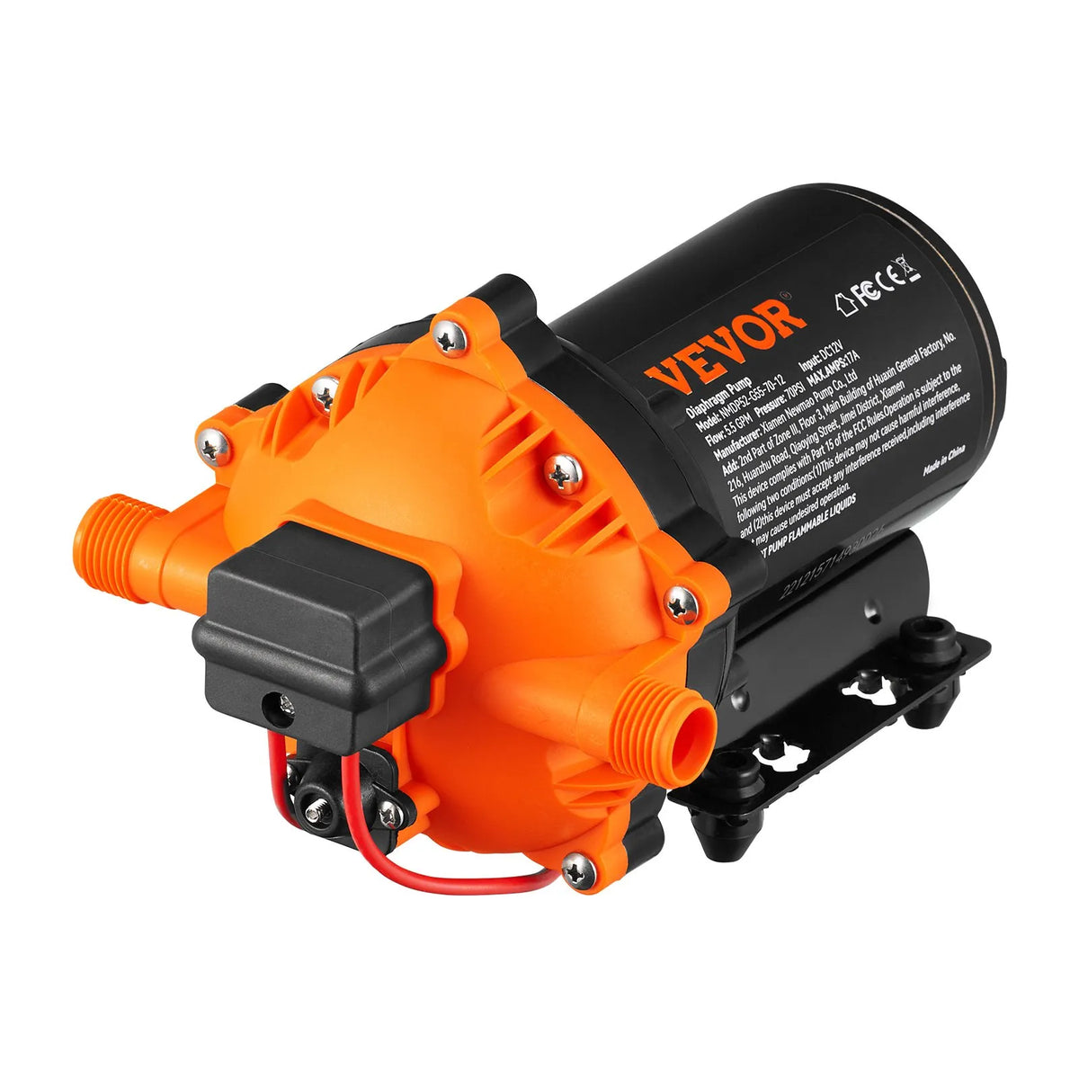VEVOR diafragmas ūdens sūknis, 12 V DC, plūsma līdz 20,8 l/min, nominālais spiediens 4,8 bar (regulējams 2,8–6,9 bar), pašuzsūcošs smidzināšanas sūknis ar spiediena slēdzi un G1/2 vītņotu pieslēgumu kemperiem, laivām un zāliena kopšanai, FCC sertificēts