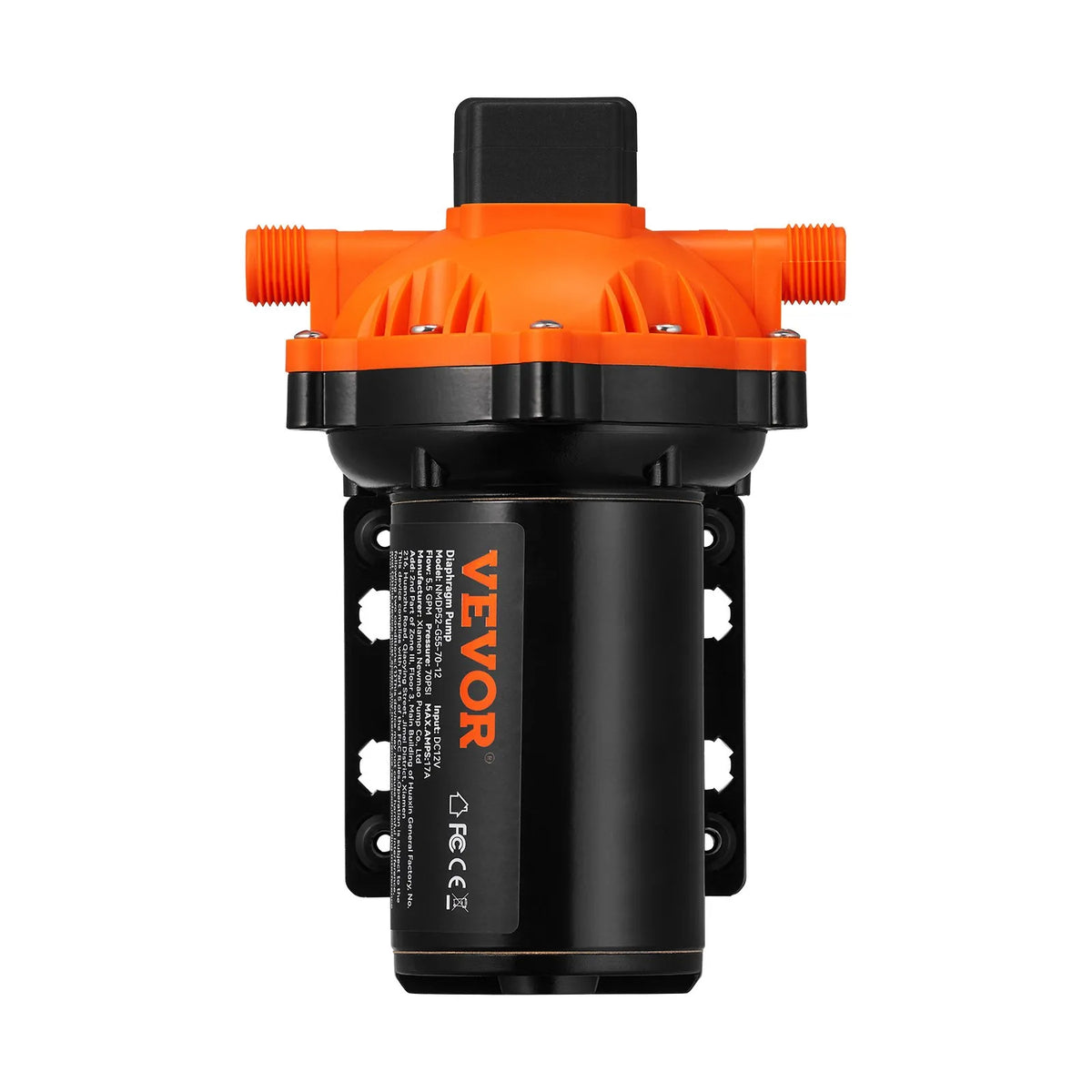 VEVOR diafragmas ūdens sūknis, 12 V DC, plūsma līdz 20,8 l/min, nominālais spiediens 4,8 bar (regulējams 2,8–6,9 bar), pašuzsūcošs smidzināšanas sūknis ar spiediena slēdzi un G1/2 vītņotu pieslēgumu kemperiem, laivām un zāliena kopšanai, FCC sertificēts