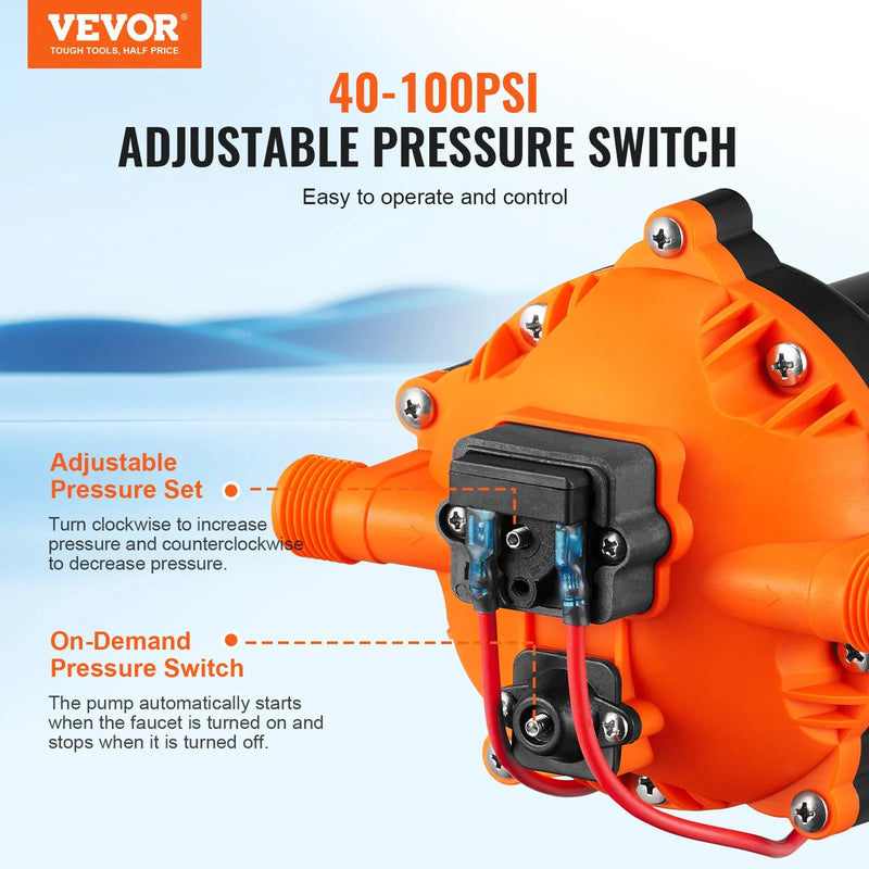 VEVOR diafragmas ūdens sūknis, 12 V DC, plūsma līdz 20,8 l/min, nominālais spiediens 4,8 bar (regulējams 2,8–6,9 bar), pašuzsūcošs smidzināšanas sūknis ar spiediena slēdzi un G1/2 vītņotu pieslēgumu kemperiem, laivām un zāliena kopšanai, FCC sertificēts