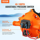 VEVOR diafragmas ūdens sūknis, 12 V DC, plūsma līdz 20,8 l/min, nominālais spiediens 4,8 bar (regulējams 2,8–6,9 bar), pašuzsūcošs smidzināšanas sūknis ar spiediena slēdzi un G1/2 vītņotu pieslēgumu kemperiem, laivām un zāliena kopšanai, FCC sertificēts