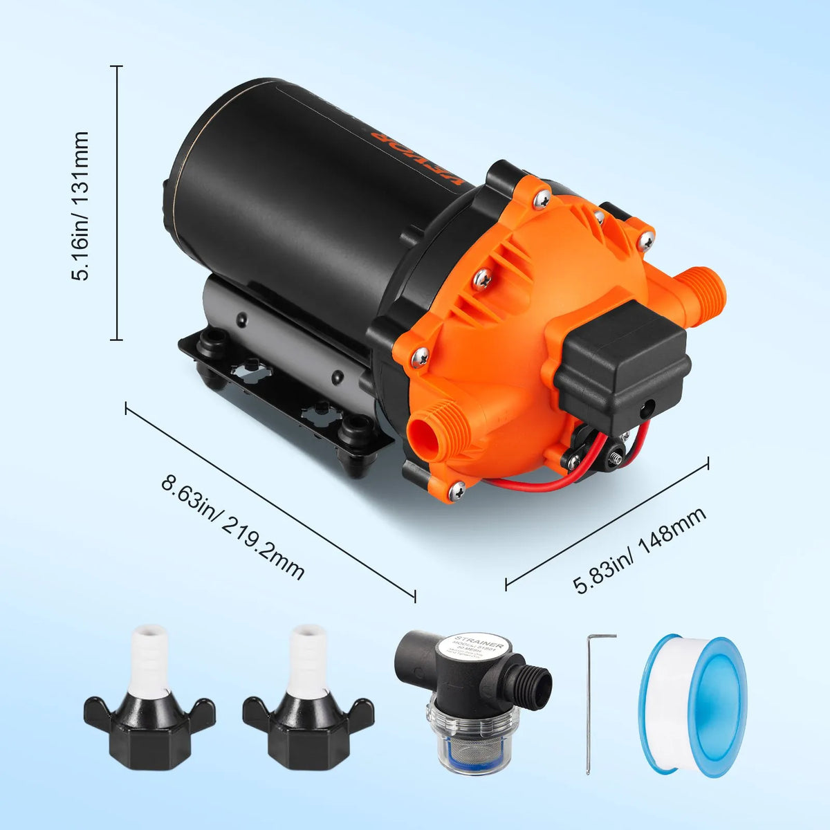VEVOR diafragmas ūdens sūknis, 12 V DC, plūsma līdz 20,8 l/min, nominālais spiediens 4,8 bar (regulējams 2,8–6,9 bar), pašuzsūcošs smidzināšanas sūknis ar spiediena slēdzi un G1/2 vītņotu pieslēgumu kemperiem, laivām un zāliena kopšanai, FCC sertificēts