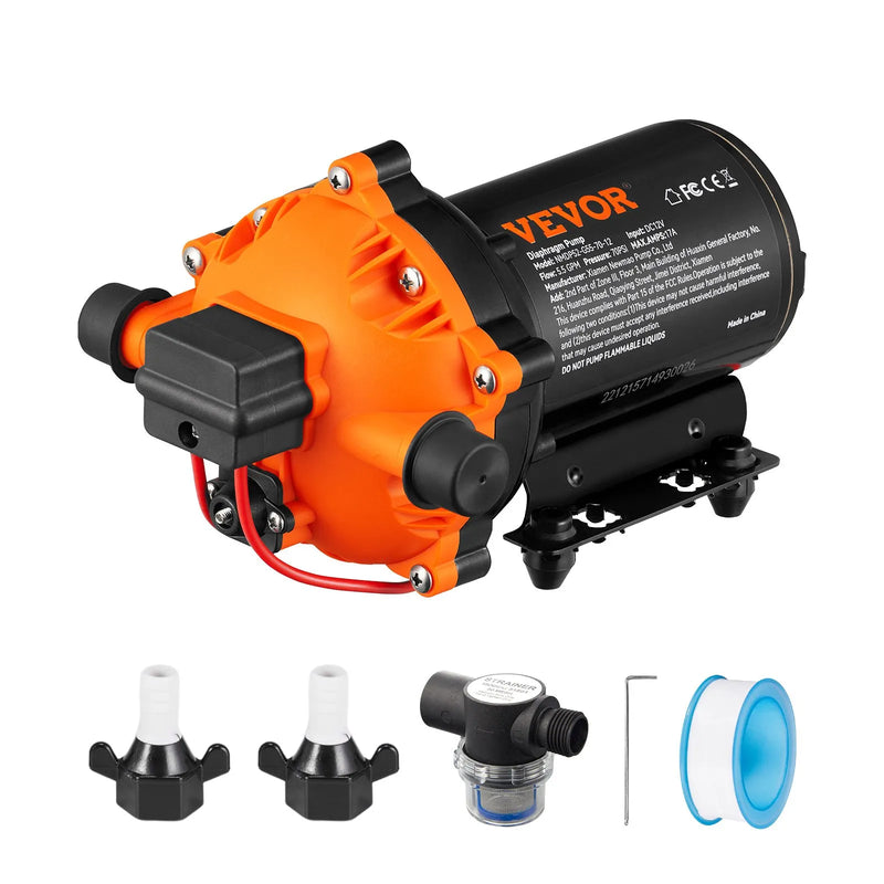 VEVOR diafragmas ūdens sūknis, 12 V DC, plūsma līdz 20,8 l/min, nominālais spiediens 4,8 bar (regulējams 2,8–6,9 bar), pašuzsūcošs smidzināšanas sūknis ar spiediena slēdzi un G1/2 vītņotu pieslēgumu kemperiem, laivām un zāliena kopšanai, FCC sertificēts