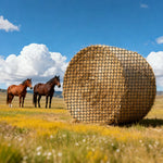 VEVOR apaļo siena ķīpu tīkls 1,8 × 1,8 × 1,8 m, acu izmērs 38,1 × 38,1 mm, PE materiāls, bezmezglu konstrukcija, komplektā savilcēji, adata, remonta aukla un uzglabāšanas soma, lēnās barošanas tīkls zirgiem