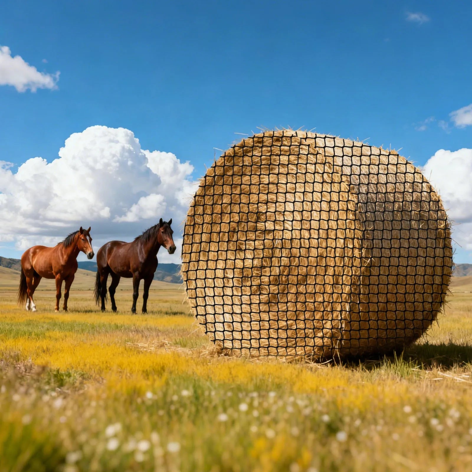 VEVOR apaļo siena ķīpu tīkls 1,8 × 1,8 × 1,8 m, acu izmērs 38,1 × 38,1 mm, PE materiāls, bezmezglu konstrukcija, komplektā savilcēji, adata, remonta aukla un uzglabāšanas soma, lēnās barošanas tīkls zirgiem