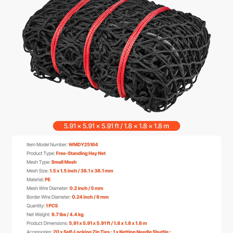 VEVOR apaļo siena ķīpu tīkls 1,8 × 1,8 × 1,8 m, acu izmērs 38,1 × 38,1 mm, PE materiāls, bezmezglu konstrukcija, komplektā savilcēji, adata, remonta aukla un uzglabāšanas soma, lēnās barošanas tīkls zirgiem