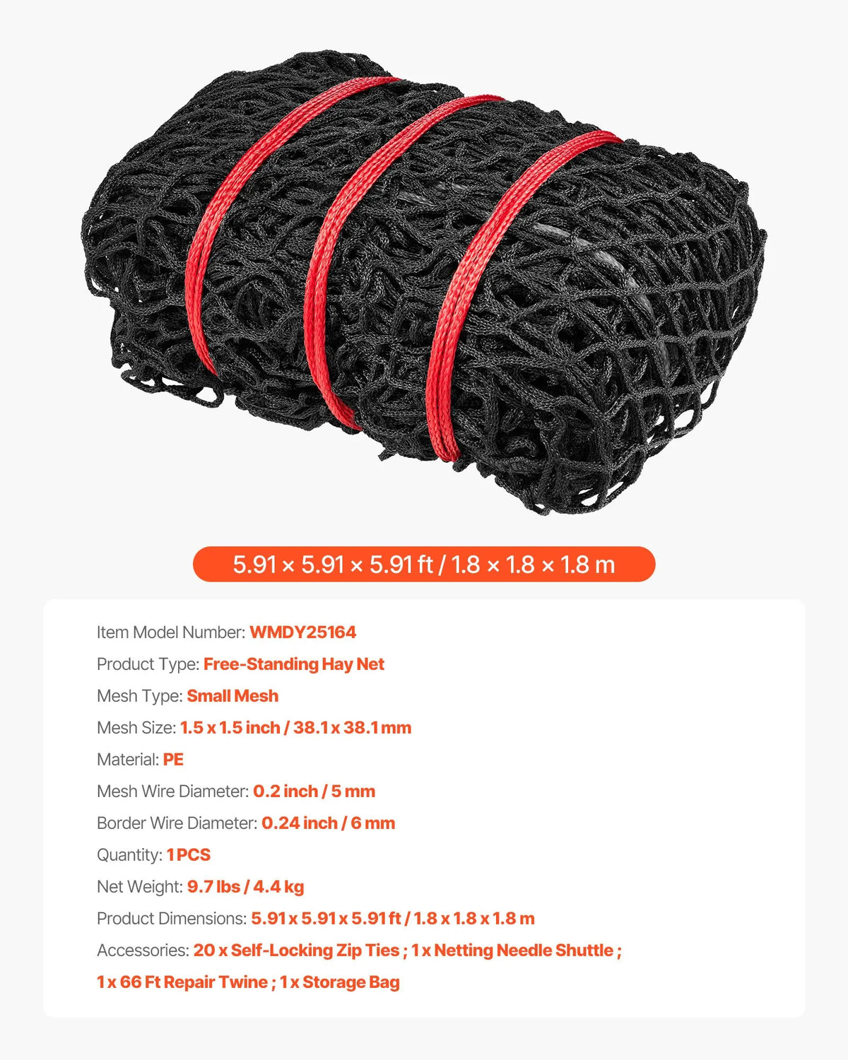 VEVOR apaļo siena ķīpu tīkls 1,8 × 1,8 × 1,8 m, acu izmērs 38,1 × 38,1 mm, PE materiāls, bezmezglu konstrukcija, komplektā savilcēji, adata, remonta aukla un uzglabāšanas soma, lēnās barošanas tīkls zirgiem