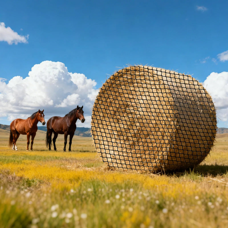 VEVOR apaļo siena ķīpu tīkls 1,5 × 1,5 × 1,5 m, acu izmērs 42 × 42 mm, PE materiāls, bezmezglu konstrukcija, komplektā pašbloķējošie savilcēji, adata un remonta aukla, lēnās barošanas tīkls zirgiem