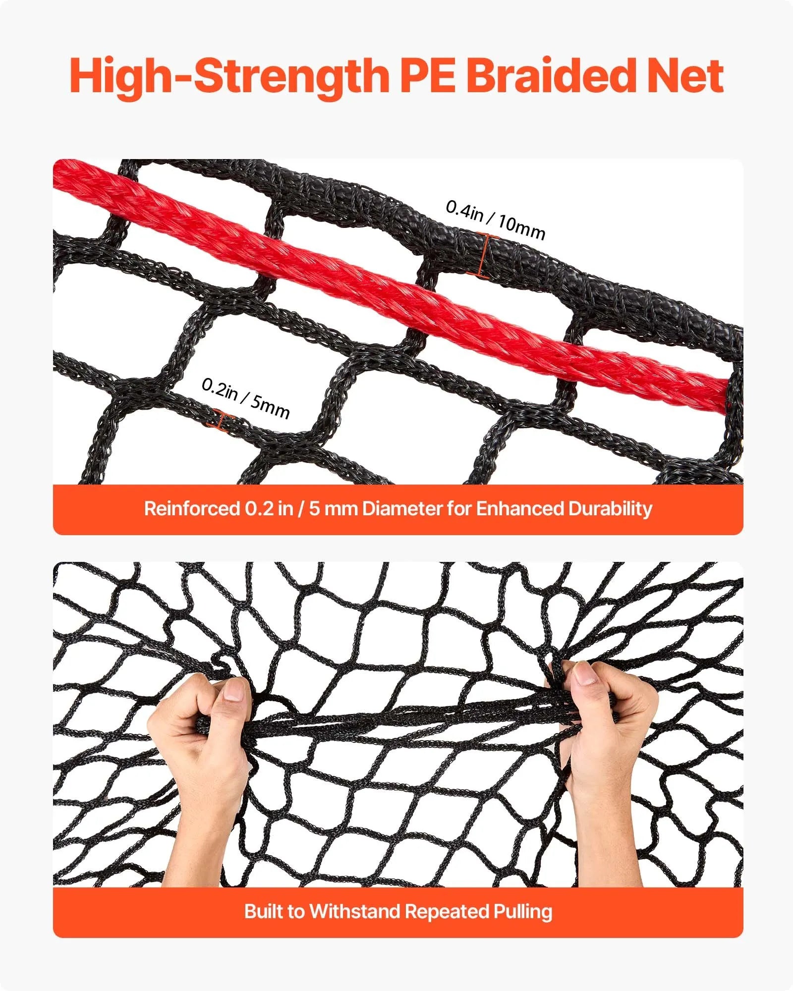 VEVOR apaļo siena ķīpu tīkls 1,5 × 1,5 × 1,5 m, acu izmērs 42 × 42 mm, PE materiāls, bezmezglu konstrukcija, komplektā pašbloķējošie savilcēji, adata un remonta aukla, lēnās barošanas tīkls zirgiem