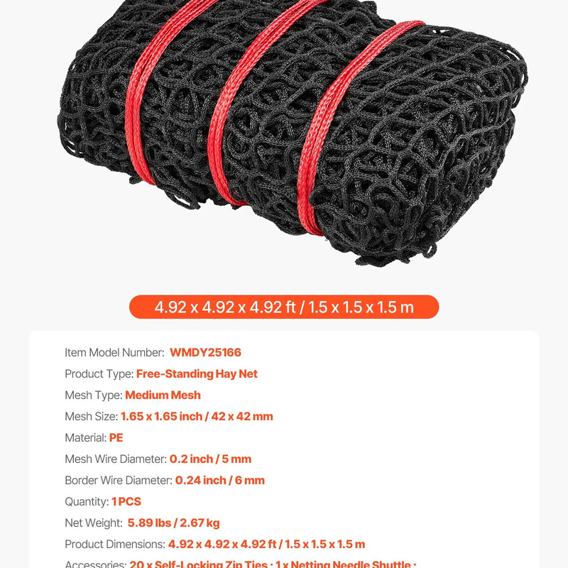VEVOR apaļo siena ķīpu tīkls 1,5 × 1,5 × 1,5 m, acu izmērs 42 × 42 mm, PE materiāls, bezmezglu konstrukcija, komplektā pašbloķējošie savilcēji, adata un remonta aukla, lēnās barošanas tīkls zirgiem