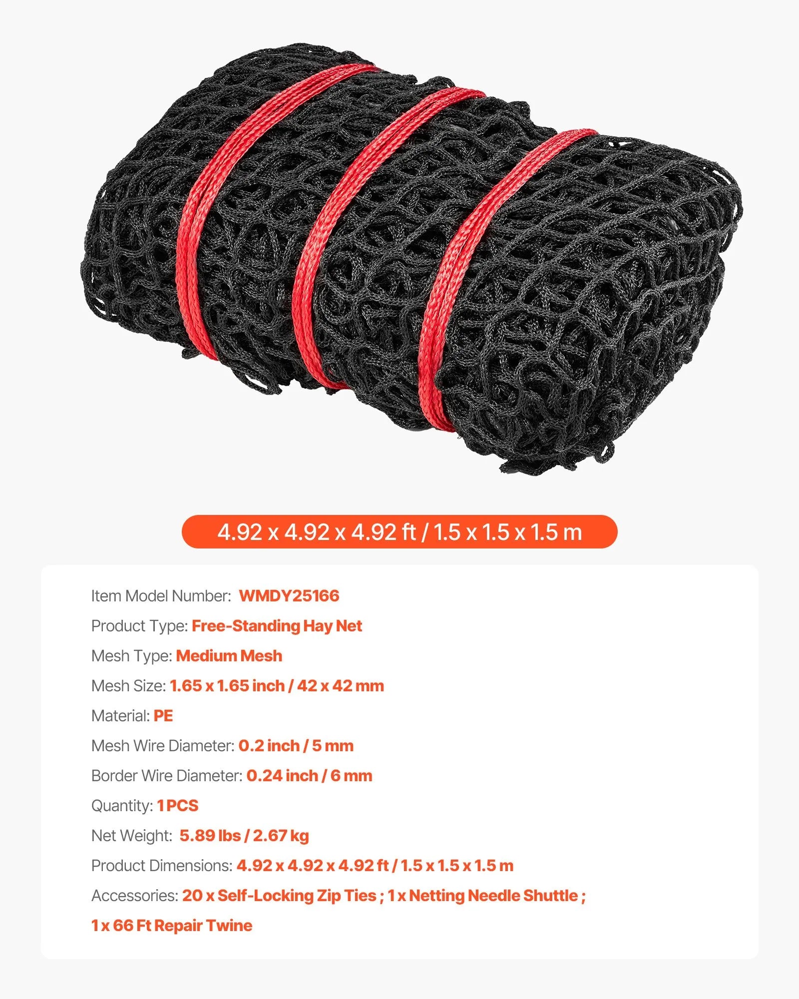 VEVOR apaļo siena ķīpu tīkls 1,5 × 1,5 × 1,5 m, acu izmērs 42 × 42 mm, PE materiāls, bezmezglu konstrukcija, komplektā pašbloķējošie savilcēji, adata un remonta aukla, lēnās barošanas tīkls zirgiem