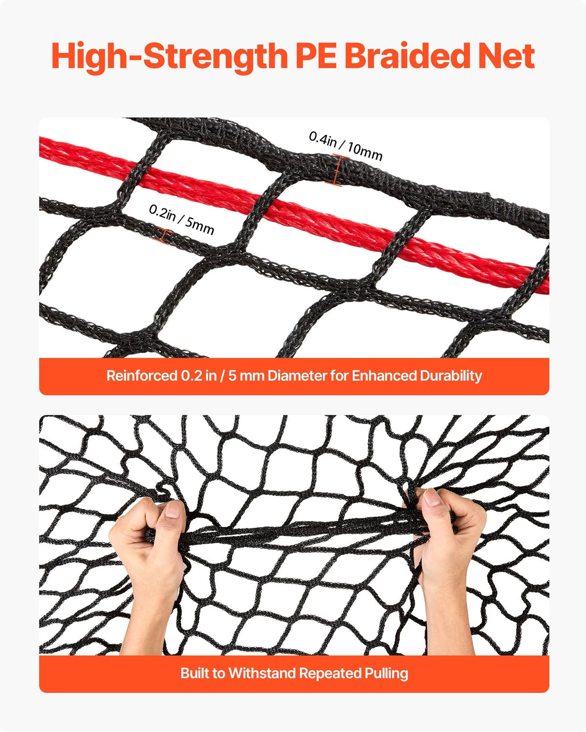 VEVOR apaļo siena ķīpu tīkls 1,8 × 1,8 × 1,8 m, acu izmērs 42 × 42 mm, PE materiāls, bezmezglu konstrukcija, komplektā savilcēji, adata, remonta aukla un uzglabāšanas soma, lēnās barošanas tīkls zirgiem
