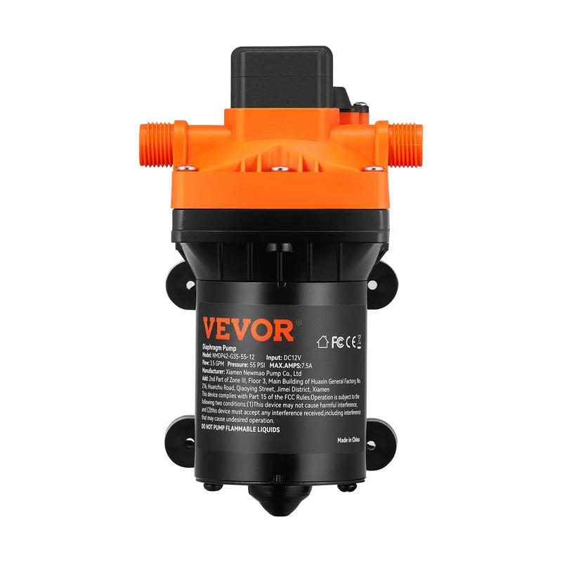 VEVOR ūdens membrānu sūknis, maks. plūsma 13,25 l/min, nominālais spiediens 3,8 bar (regulējams 2,8–5,5 bar), 12,7 mm MNPT pašiesūcošs smidzināšanas sūknis ar spiediena slēdzi kemperiem, laivām, dārza sistēmām, FCC sertificēts