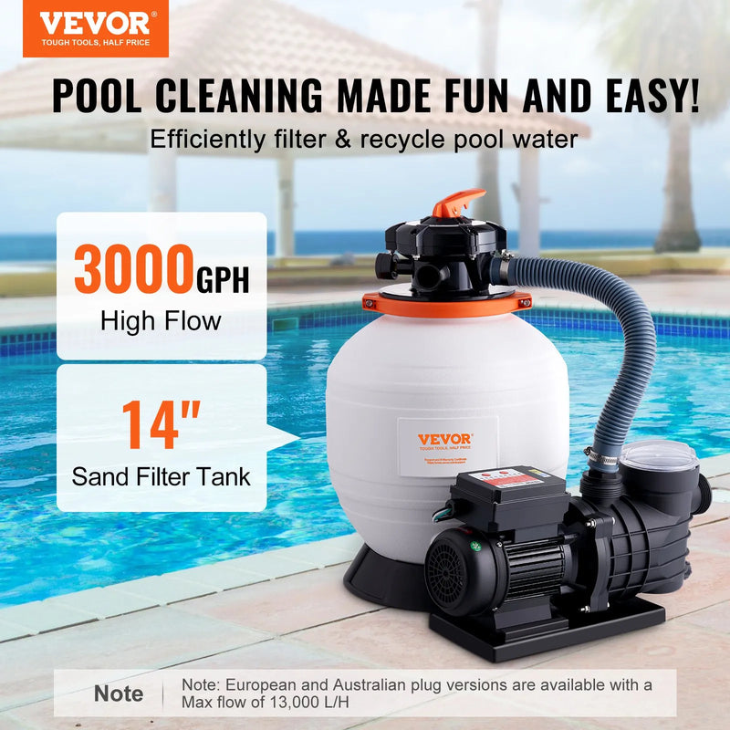 VEVOR smilšu filtra sūknis virszemes baseiniem, 350 mm, 13 000 l/h, 450 W, baseina sūkņa un filtra komplekts ar 6 virzienu daudzportu vārstu un sietiņa grozu, mājas un komerciālai lietošanai