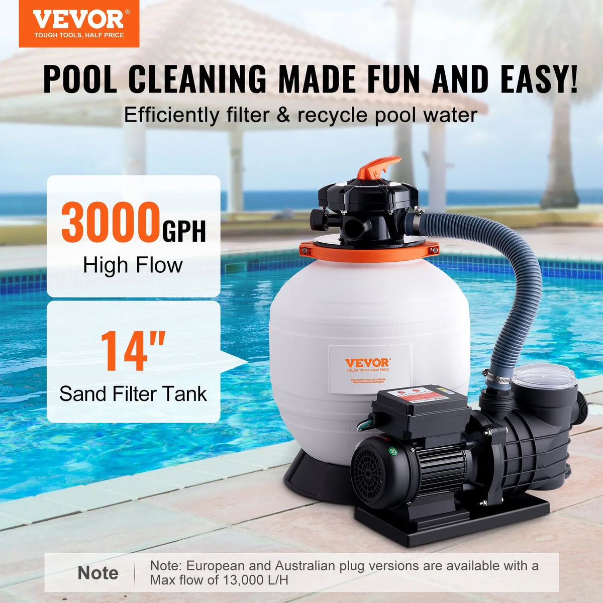 VEVOR smilšu filtra sūknis virszemes baseiniem, 350 mm, 13 000 l/h, 450 W, baseina sūkņa un filtra komplekts ar 6 virzienu daudzportu vārstu un sietiņa grozu, mājas un komerciālai lietošanai