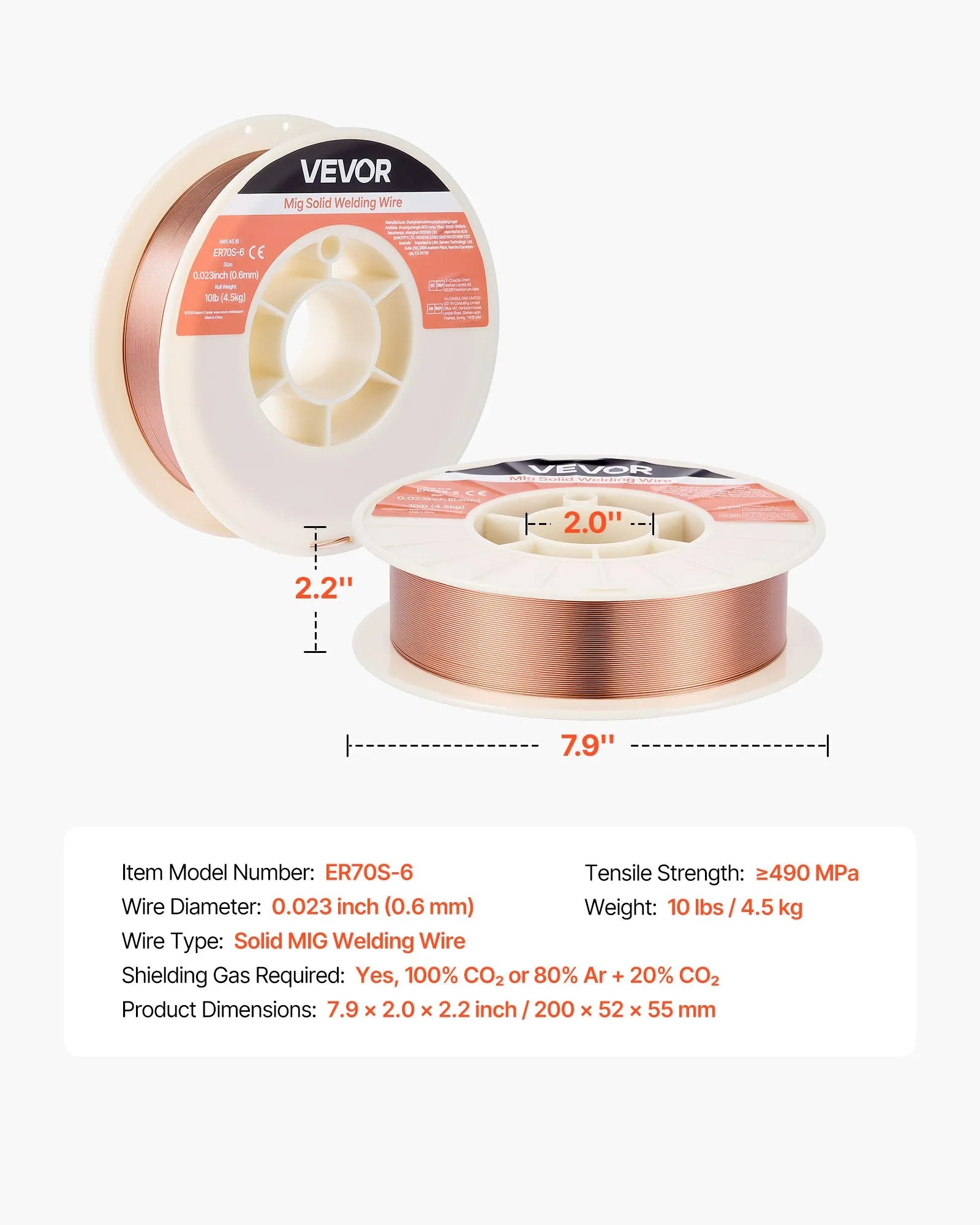 VEVOR MIG metināšanas stieple ER70S-6, 0,6 mm, 4,5 kg, zema šļakstīšanās, ar paaugstinātu deoksidētāju saturu, tērauda metināšanai aizsarggāzes vidē