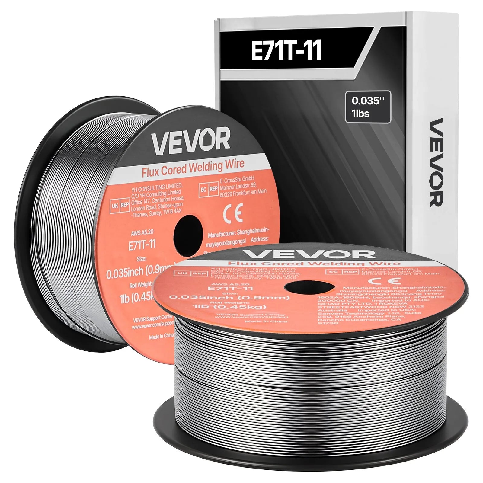 VEVOR pašekranētā pulverstieple E71T-11, Ø0,9 mm, 2 × 0,45 kg, bezgāzes MIG metināšanai, zema šļakstīšanās, piemērota visām metināšanas pozīcijām un darbam ārā (2 ruļļu komplekts)
