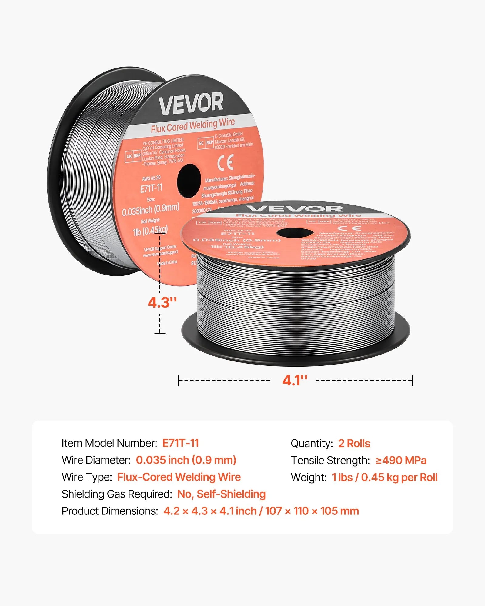 VEVOR pašekranētā pulverstieple E71T-11, Ø0,9 mm, 2 × 0,45 kg, bezgāzes MIG metināšanai, zema šļakstīšanās, piemērota visām metināšanas pozīcijām un darbam ārā (2 ruļļu komplekts)