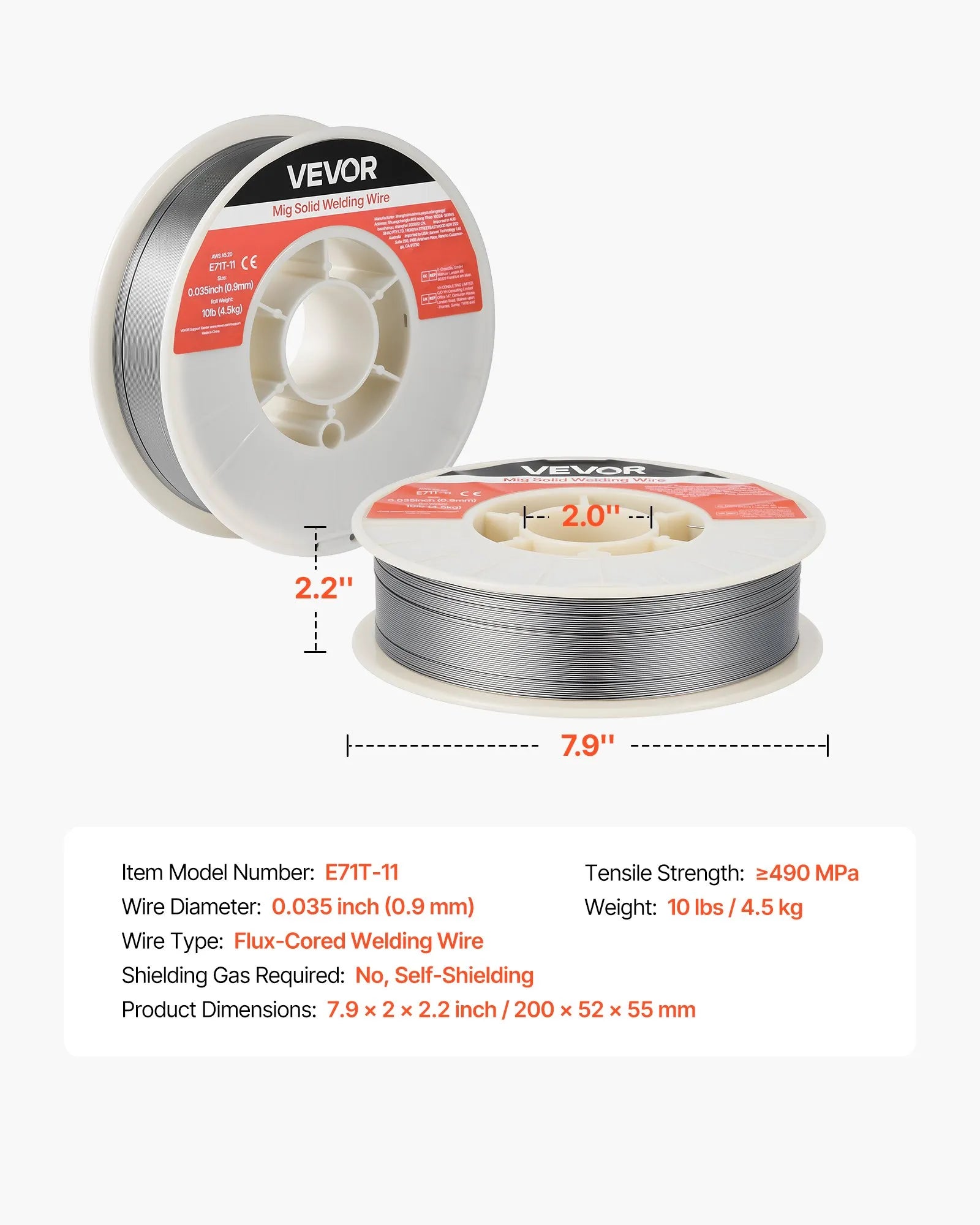 VEVOR pašekranētā pulverstieple E71T-11, Ø0,9 mm, 4,5 kg, bezgāzes MIG metināšanai, zema šļakstīšanās, piemērota visām metināšanas pozīcijām un darbam ārā