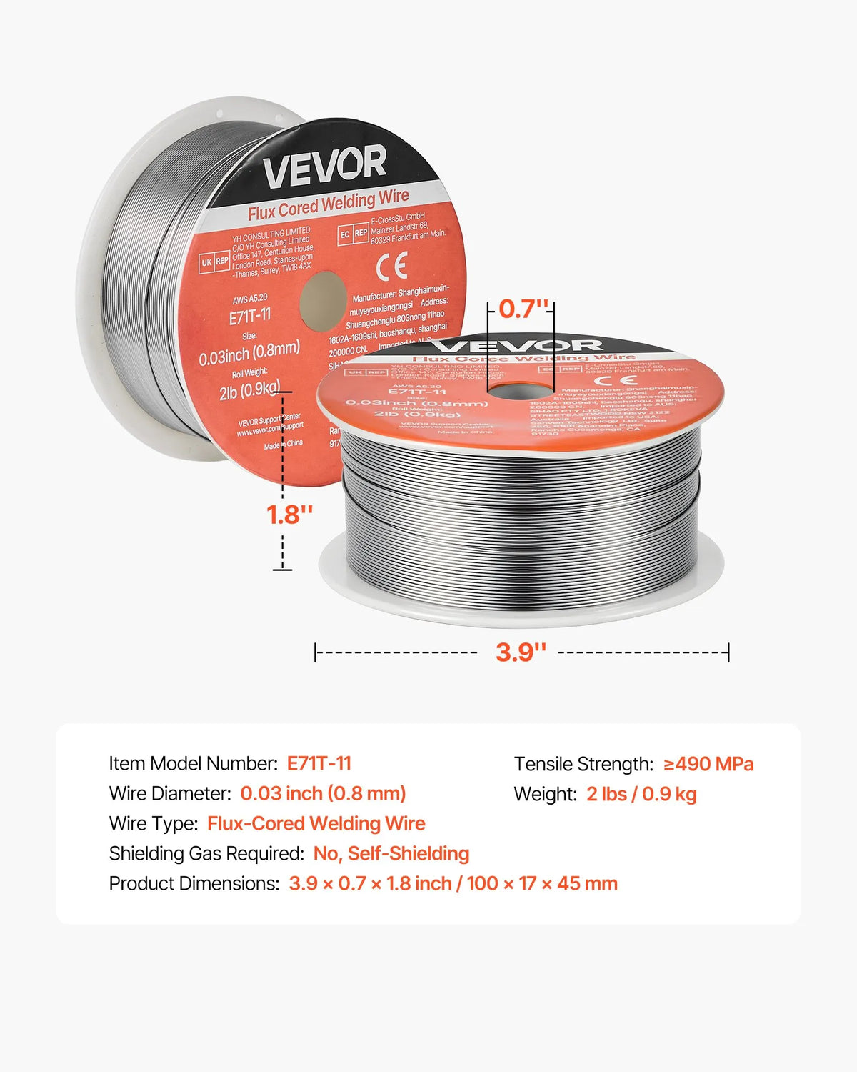VEVOR pašekranētā pulverstieple E71T-11, Ø0,8 mm, 0,9 kg, bezgāzes MIG metināšanai, zema šļakstīšanās, piemērota visām metināšanas pozīcijām un darbam ārā