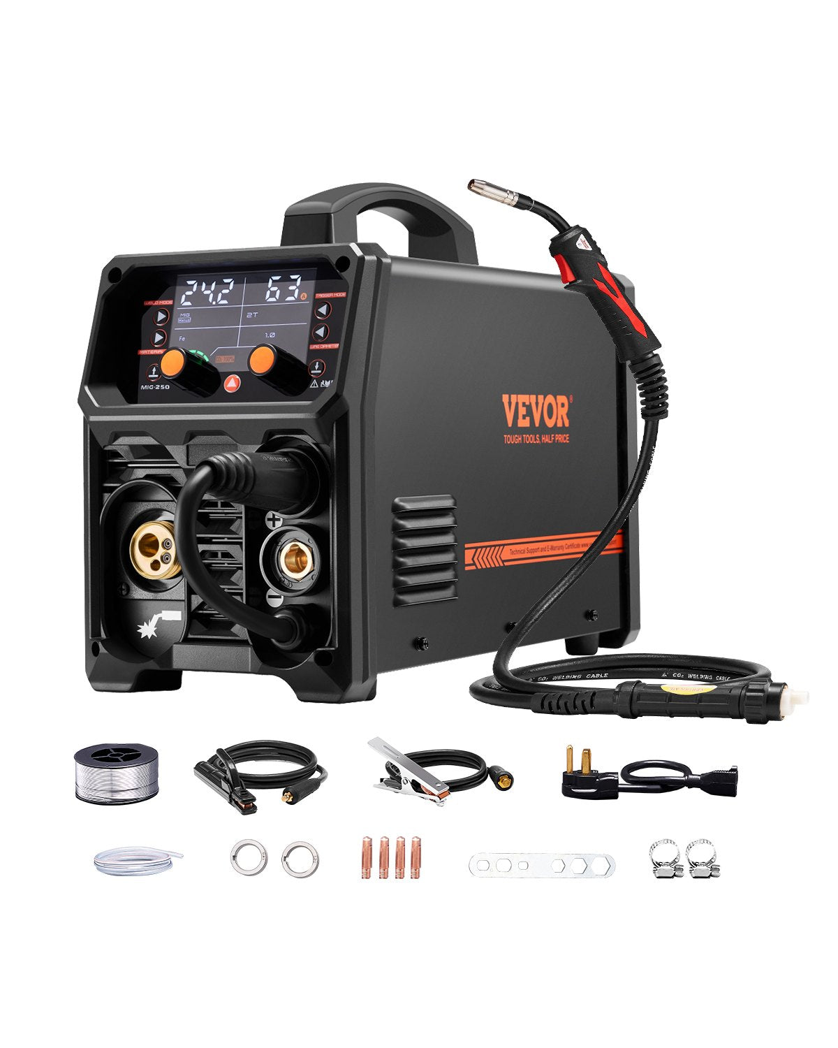 Metināšanas aparāts VEVOR 250 A, 5‑in‑1 MIG Pulse, gasless MIG, gas MIG, MMA, Lift TIG, sinerģisks