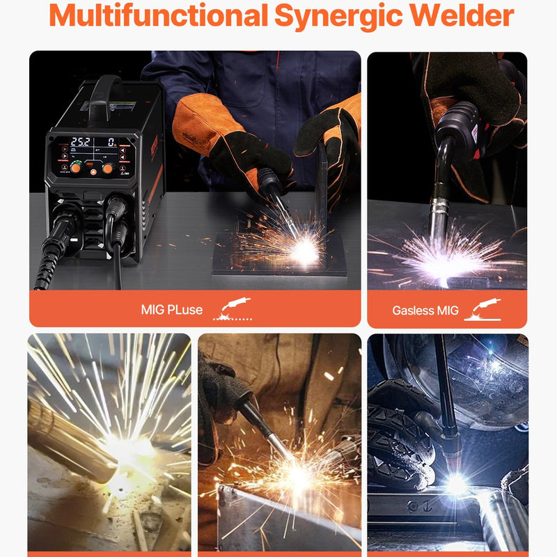 Metināšanas aparāts VEVOR 250 A, 5‑in‑1 MIG Pulse, gasless MIG, gas MIG, MMA, Lift TIG, sinerģisks