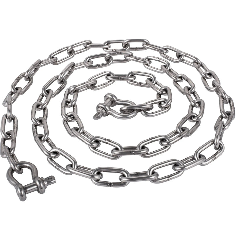 Enkura ķēde 6,1 m x 8 mm ar 316 nerūsējošā tērauda savienotājšakli 10 mm, pārrāvuma slodze 3229 kg / 4291 kg, piemērota mazām laivām