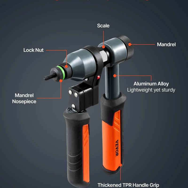 VEVOR kniedējamo uzgriežņu instrumenta komplekts, 210 mm sprūdrata tipa rivnut kniedētājs ar 10 vārpstām un 100 uzgriežņiem, metriskie un SAE izmēri M5, M6, M8, M10, M12, 8-32, 10-24, 1/4-20, 5/16-18, 3/8-16 UNC, ar izturīgu pārnēsāšanas koferi